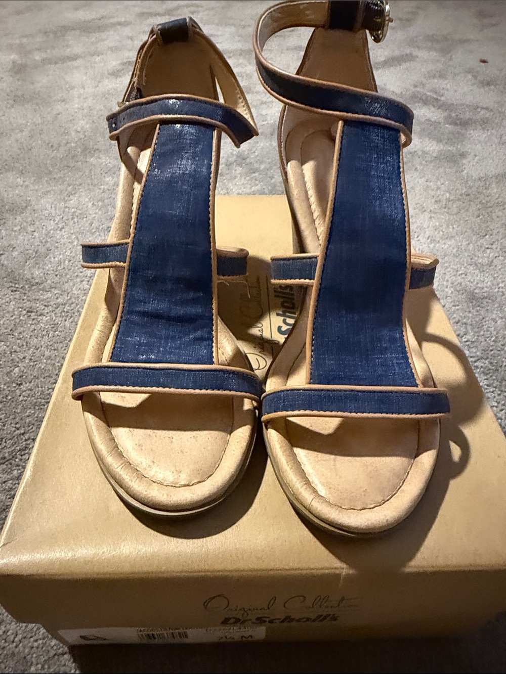 Dr. Scholl's Blue T-Strap Sandals with Tan Trim